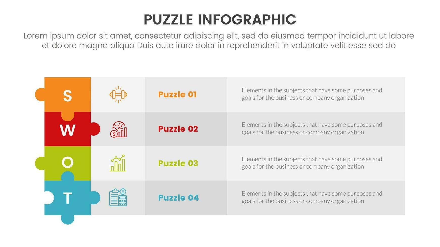 pussel kontursåg infographic 4 punkt skede mall med lång rektangel låda tabell på Centrum med beskrivning för glida presentation vektor