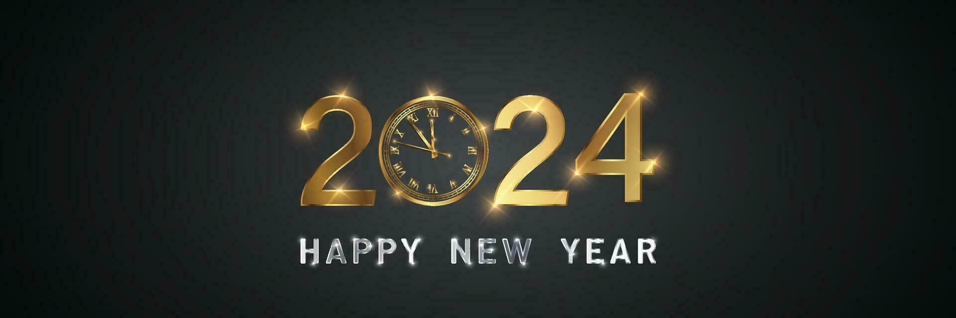 glücklich Neu 2024 Jahr elegant Gold Text mit Feuerwerk, Uhr und Licht. minimalistisch Text Vorlage. vektor