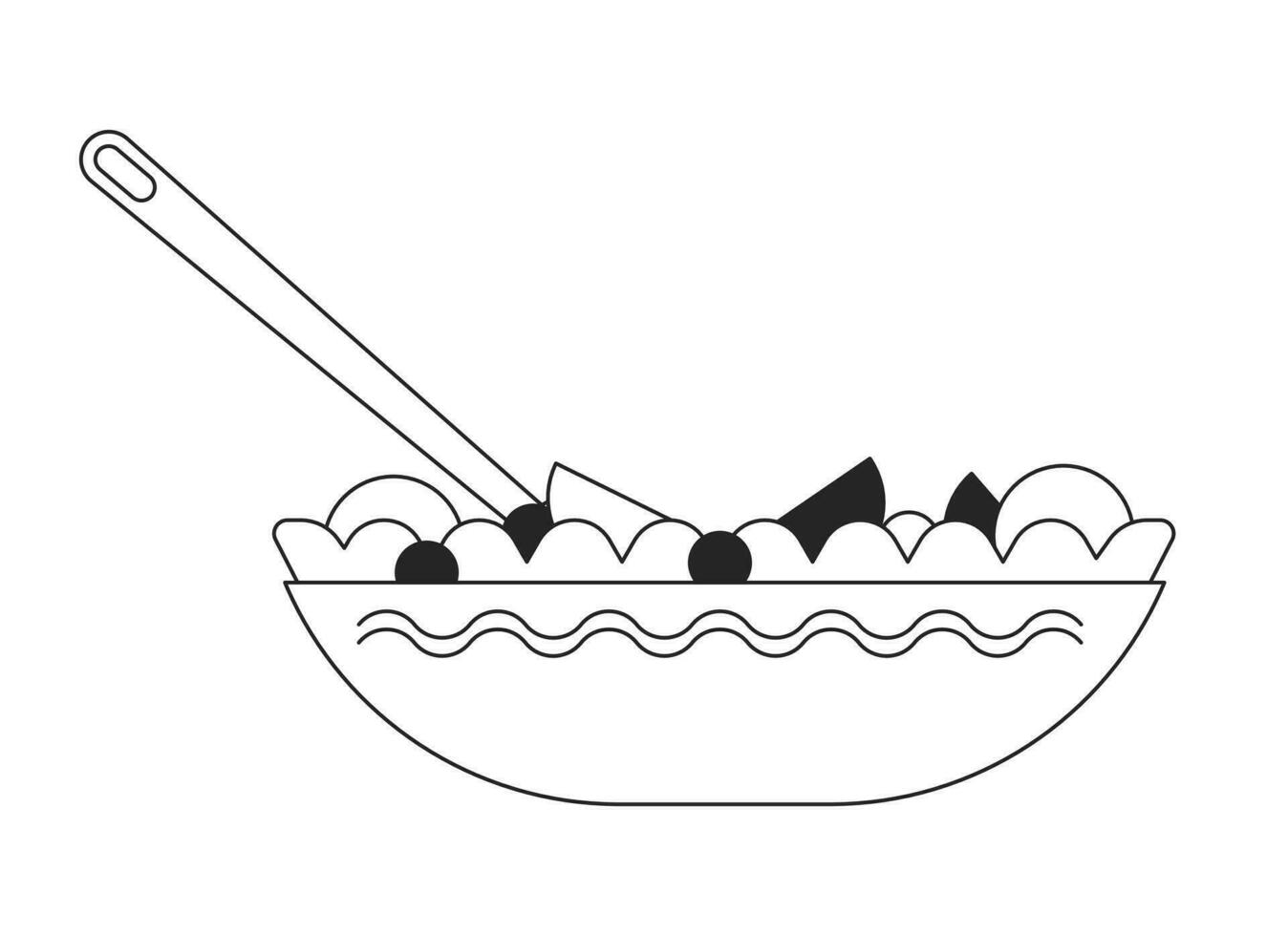 Salat Schüssel mit Gabel schwarz und Weiß 2d Linie Karikatur Objekt. Essen Vegetarier Mahlzeit Teller isoliert Vektor Gliederung Artikel. Mittagessenszeit gesund Essen. Gemüse Essen monochromatisch eben Stelle Illustration