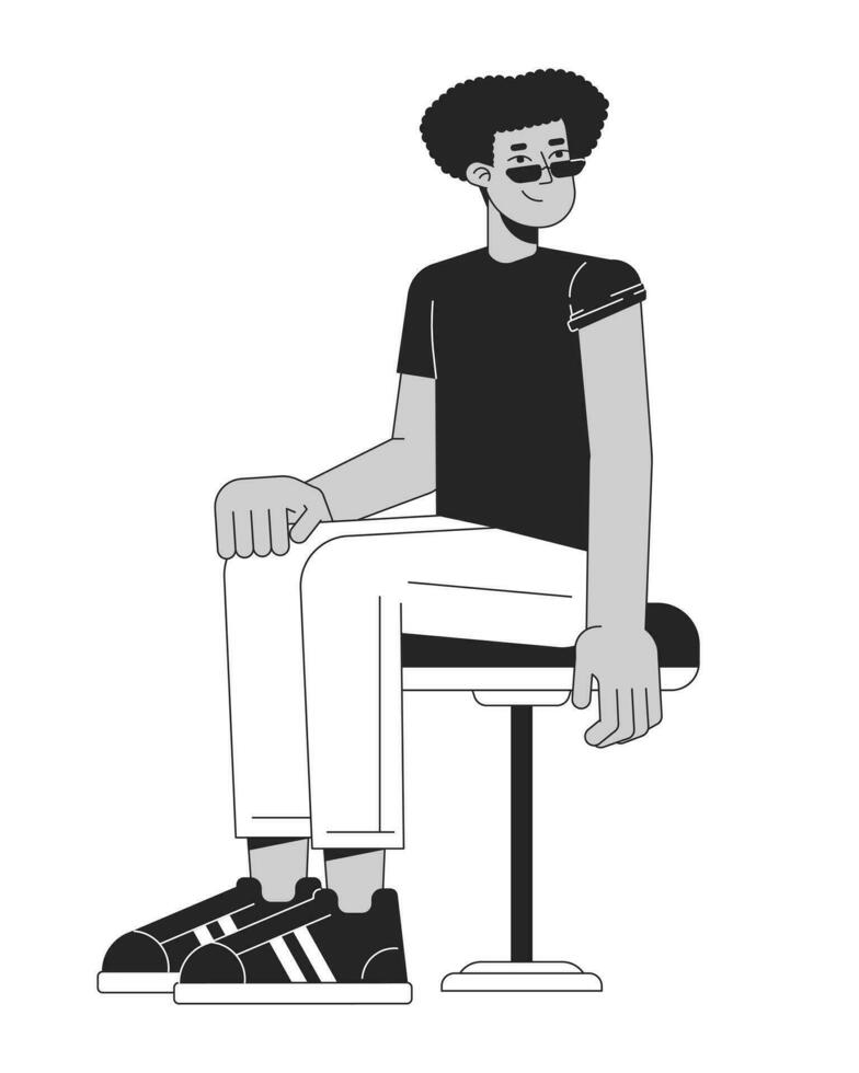 Latino Sonnenbrille Mann Sitzung bereit zum Impfstoff schwarz und Weiß 2d Linie Karikatur Charakter. spanisch Kerl gerollt oben T-Shirt Ärmel isoliert Vektor Gliederung Person. monochromatisch eben Stelle Illustration