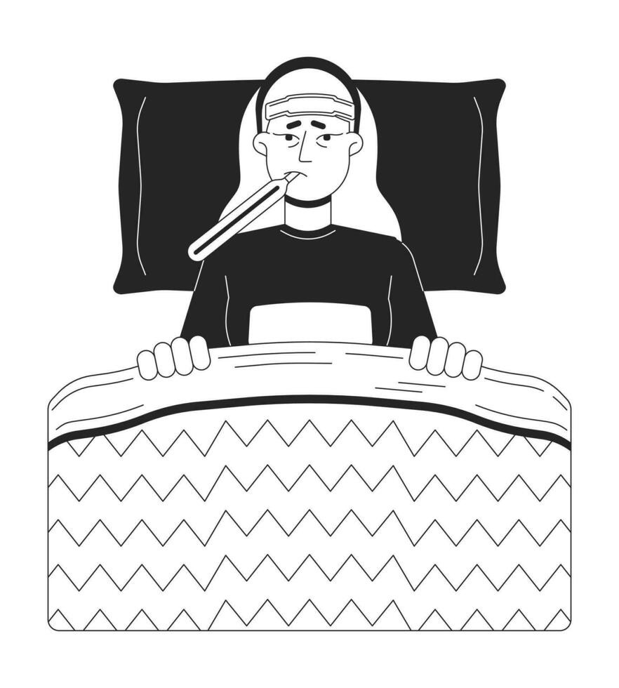 Grippe krank blond Frau Lügen im Bett schwarz und Weiß 2d Linie Karikatur Charakter. müde kaukasisch Mädchen mit Thermometer isoliert Vektor Gliederung Person. eingewickelt Decke monochromatisch eben Stelle Illustration