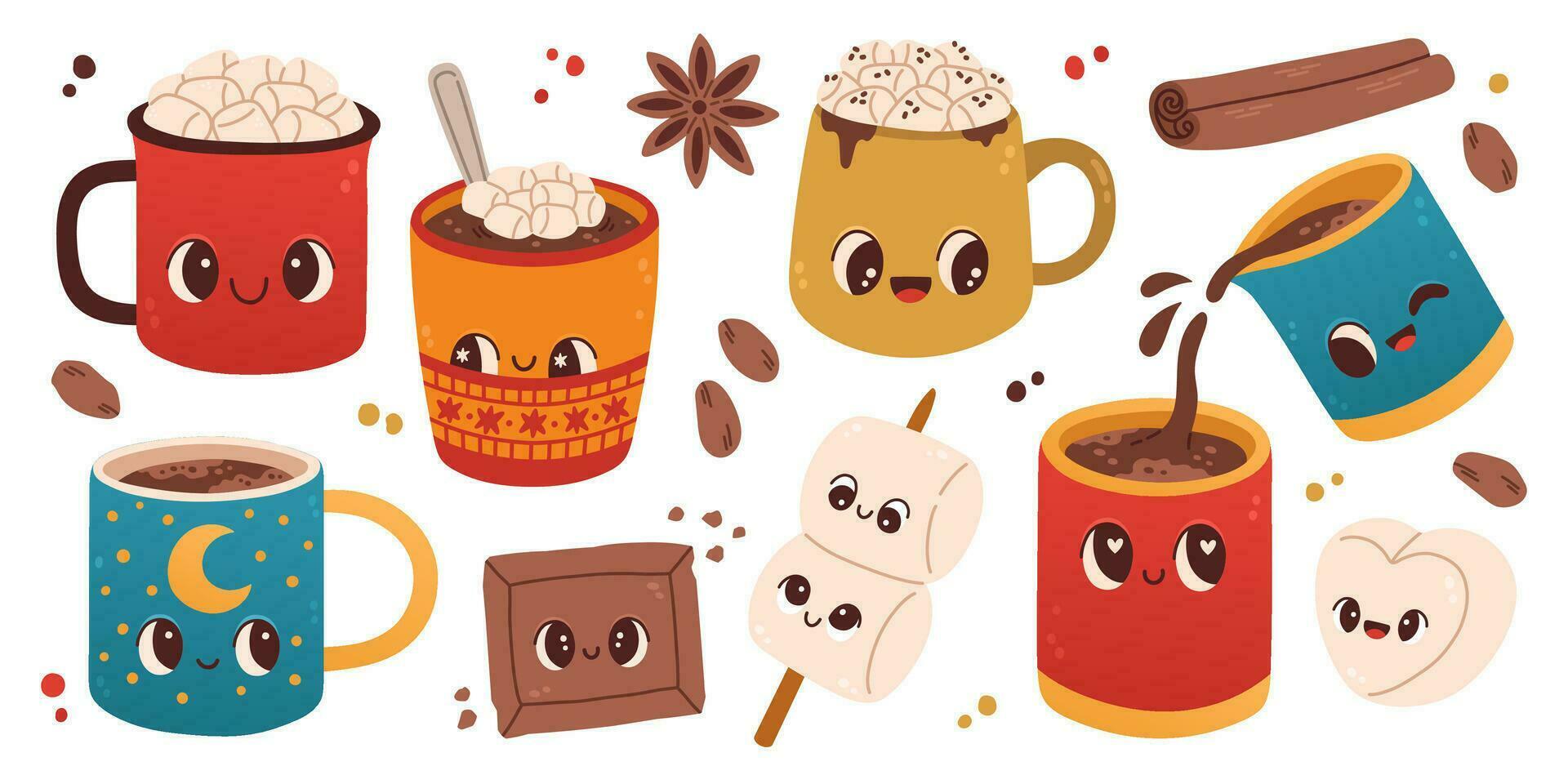 söt uppsättning av muggar med varm kakao eller kaffe, marshmallows på vit bakgrund. för hälsning kort, fest inbjudningar, posters eller klistermärken vektor