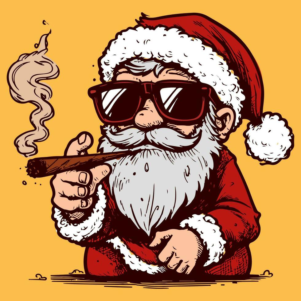Illustration von ein Karikatur Santa claus im rot Kleider Rauchen ein Zigarette. Maskottchen von ein Weihnachten alt Mann Sitzung und halten ein Rohr. vektor