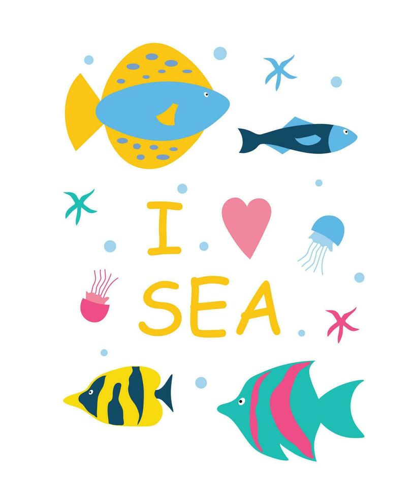 uppsättning av hav varelser med inskrift. barns illustration för en kort, baner eller design. isolerat vit bakgrund. platt illustration vektor