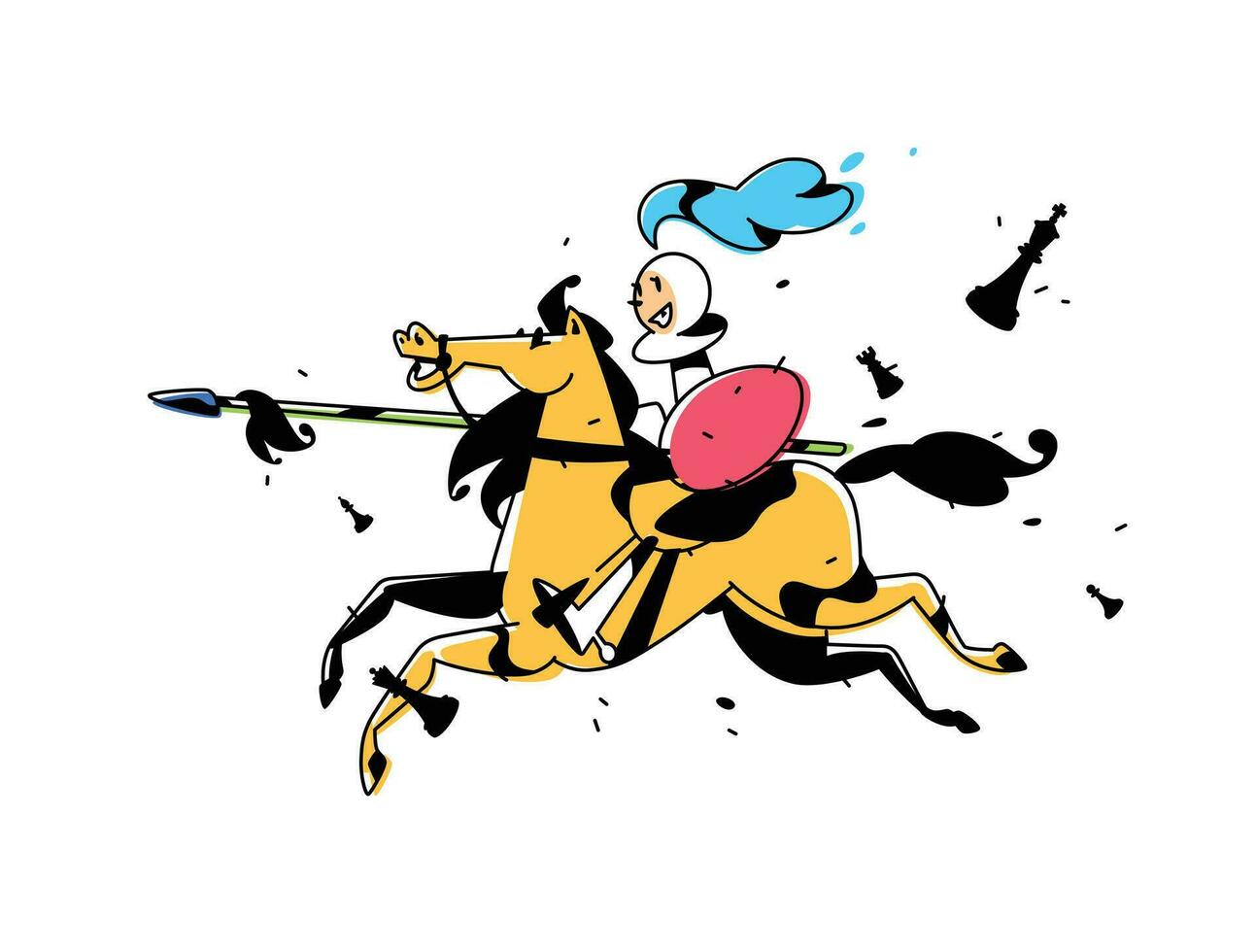 schack karaktär, pantsätta på hästryggen. vektor illustration. bild är isolerat på vit bakgrund. karaktär i de tecknad serie stil. pantsätta på häst med en spjut. en affisch för de schack skola.