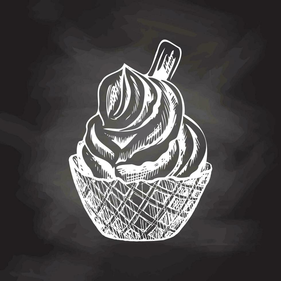 en ritad för hand skiss av en våffla korg med frysta yoghurt eller is grädde med småkakor på svarta tavlan bakgrund. årgång illustration. element för de design av etiketter, förpackning och vykort. vektor