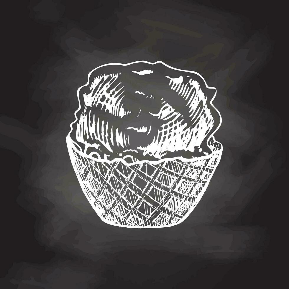 en ritad för hand skiss av en våffla korg med frysta yoghurt eller mjuk is grädde på svarta tavlan bakgrund. årgång illustration. element för de design av etiketter, förpackning och vykort. vektor