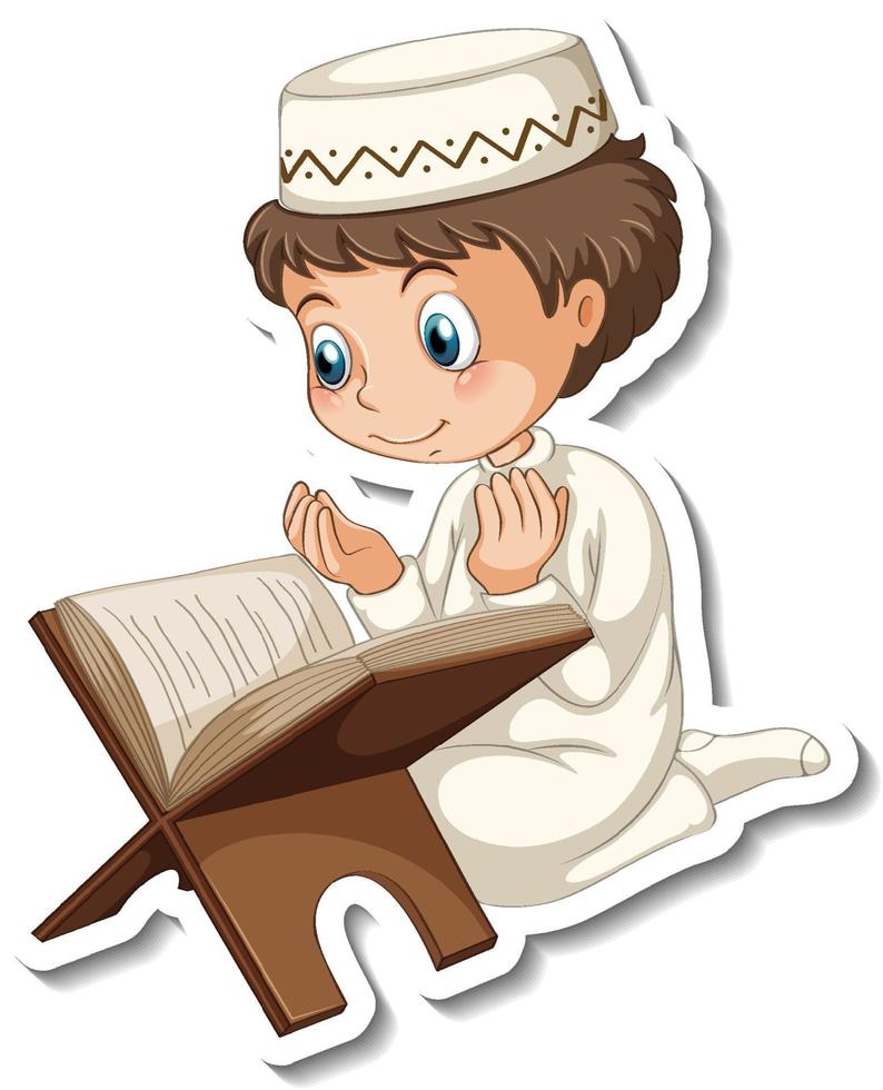 en klistermärkesmall med muslimsk pojke som läser koranboken vektor