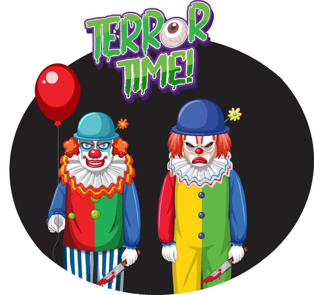 terror time -märke med två läskiga clowner vektor