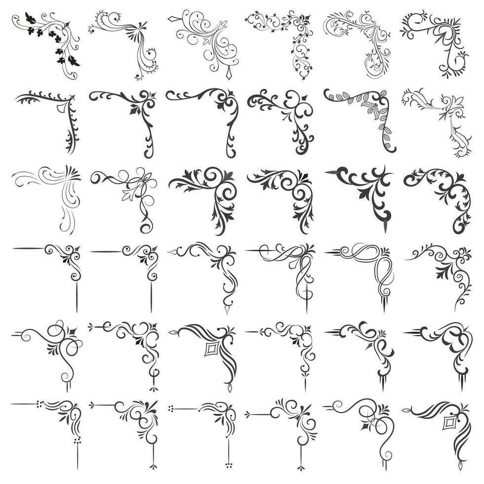 vektor illustration av dekorativ hörn ram uppsättning. uppsättning hand dra av hörn annorlunda former blomma dekoration vektor design klotter skiss stil för bröllop och baner.