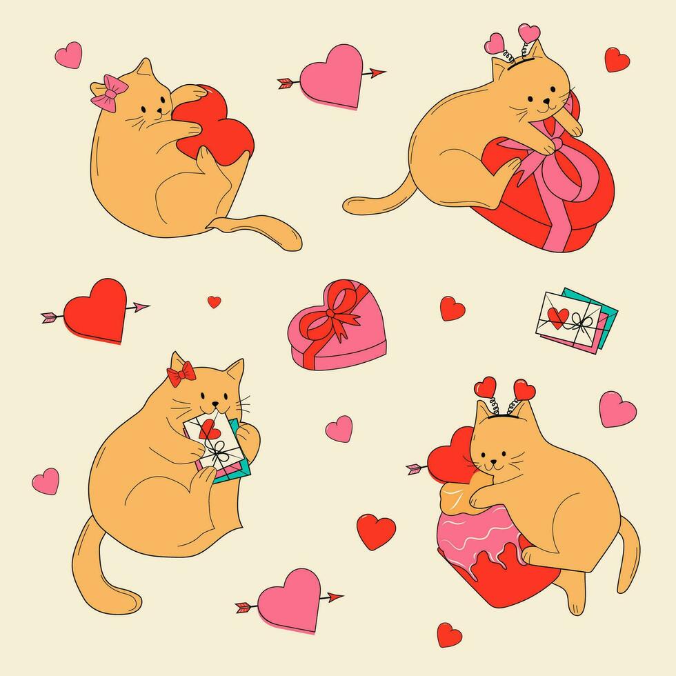 uppsättning av söt katter med valentines dekorationer. vektor illustration.