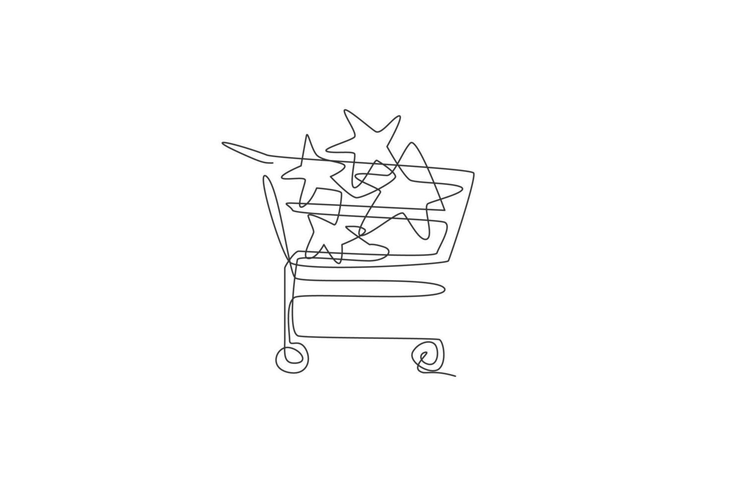 eine durchgehende Strichzeichnung von Sternenspielzeug im Einkaufswagen. Verkaufsmarktkonzept. dynamische einzeilige Zeichnungsdesign-Vektorgrafikillustration vektor