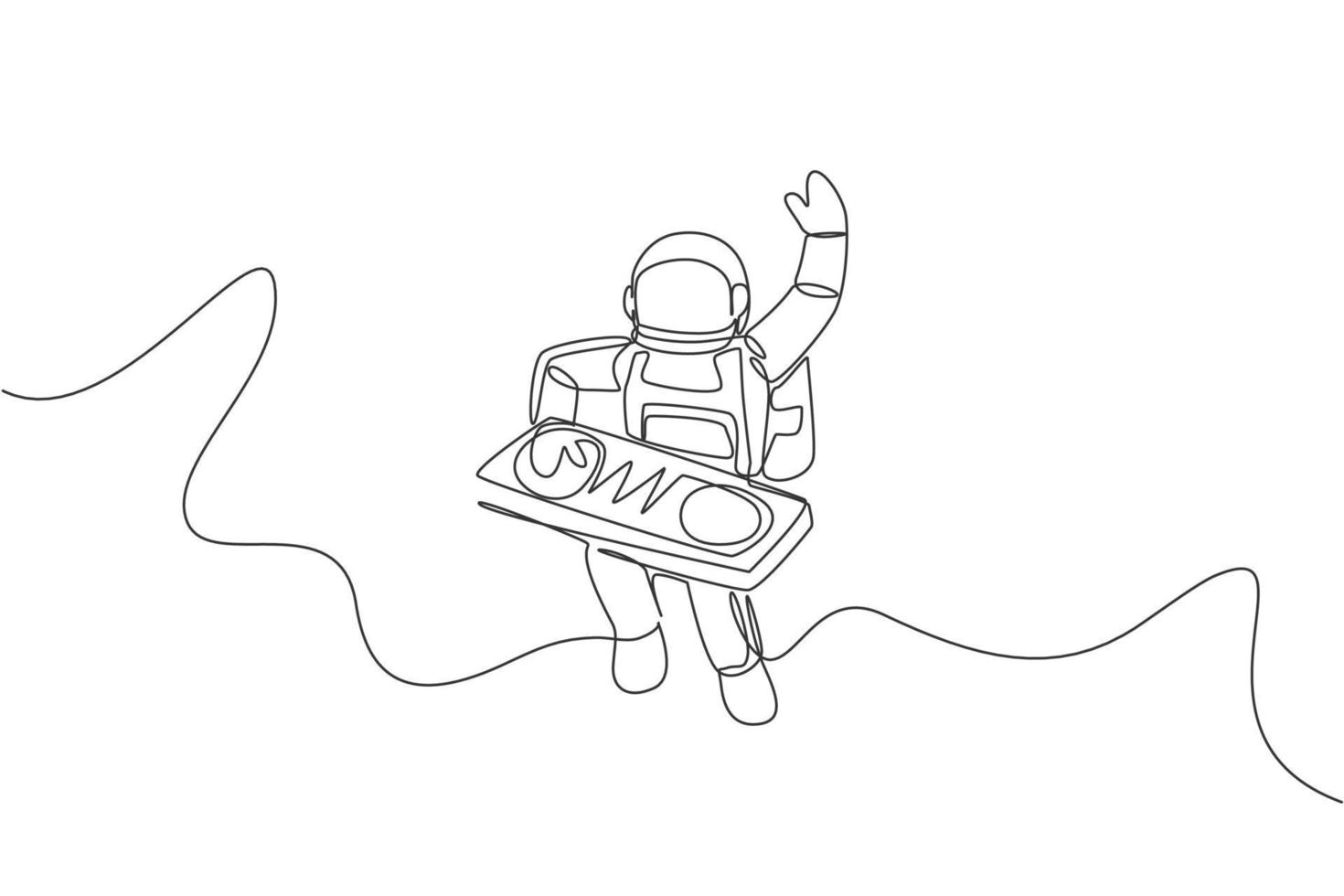 en enda radritning av rymdman som spelar mixer DJ musikinstrument i djupa rymden vektorillustration. musikkonsertaffisch med rymden astronaut koncept. modern kontinuerlig linje grafisk ritdesign vektor