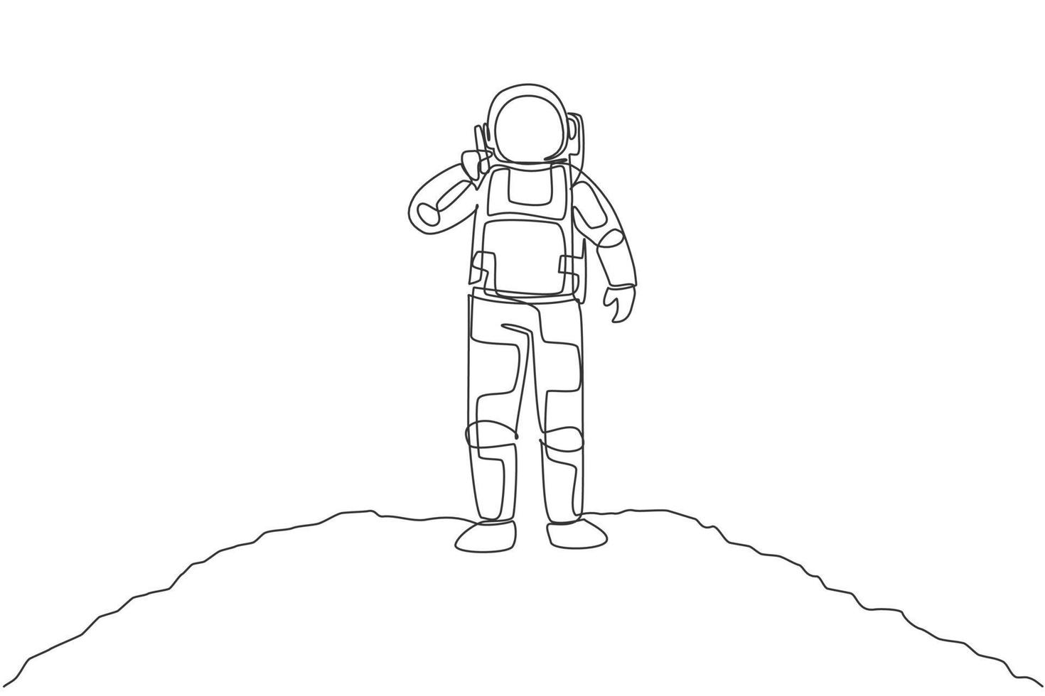 Eine einzige Strichzeichnung des Kosmonauten, der seinen Partner mit dem Smartphone in der Mondoberflächenvektorillustration anruft. Astronautengeschäftsbüro mit Weltraumkonzept. modernes Design mit durchgehender Linienführung vektor