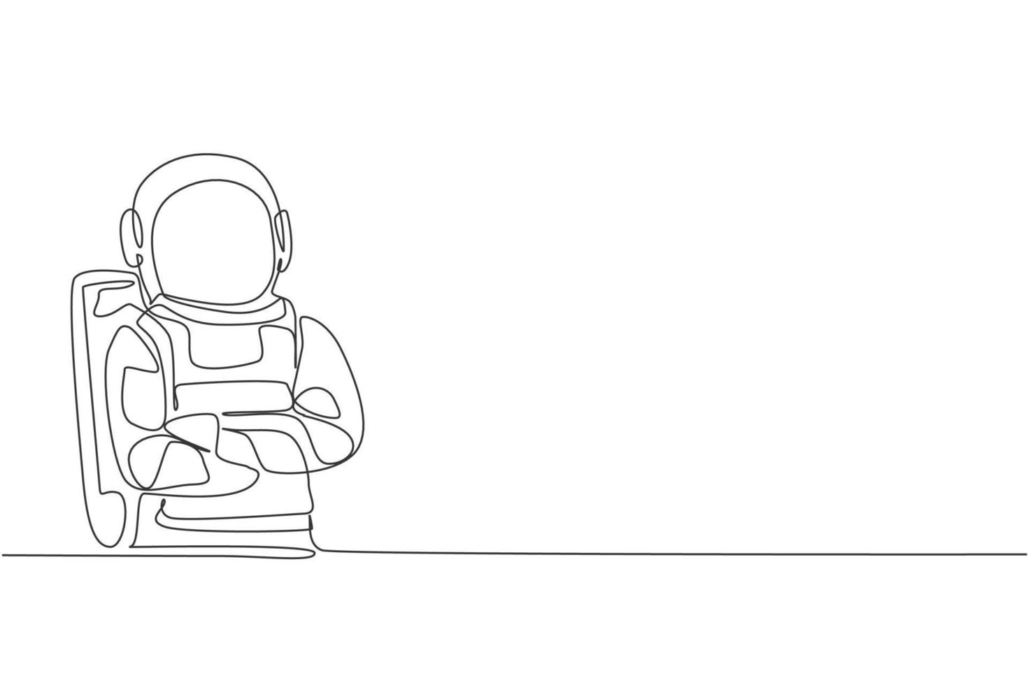 en enda linje ritning av kosmonaut stående pose med stil medan korsade händer på bröstet vektor illustration. astronaut affärskontor med yttre rymden koncept. modern kontinuerlig linje rita design