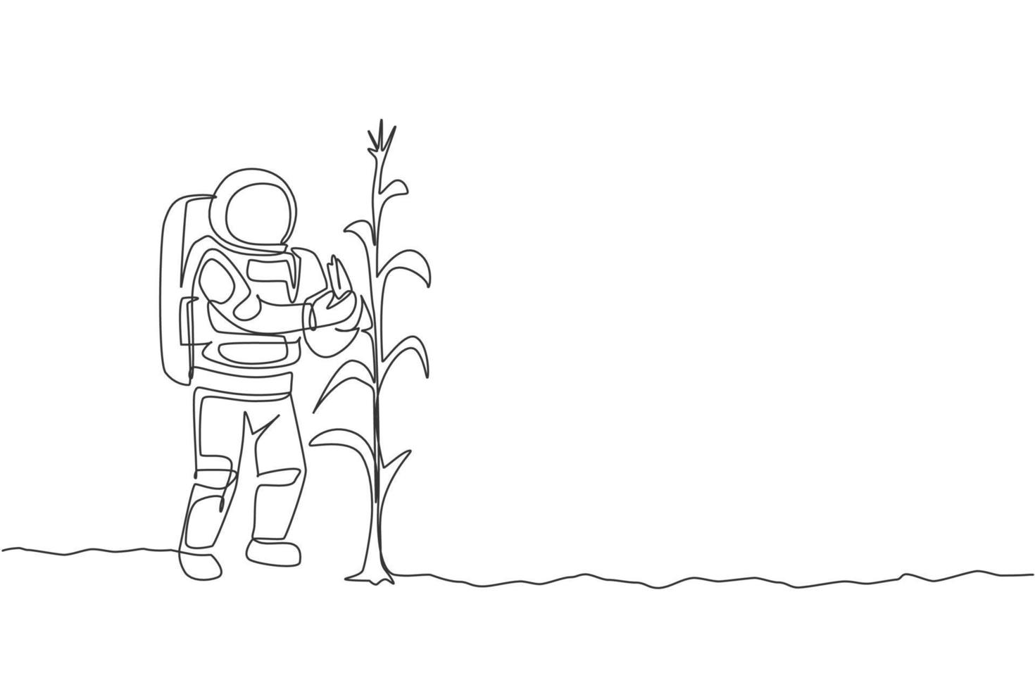 en kontinuerlig ritning av rymdmannen som plockar söt majs från växten i månytan. djupt rymd jordbruk astronaut koncept. dynamisk enkel linje rita grafisk design vektor illustration