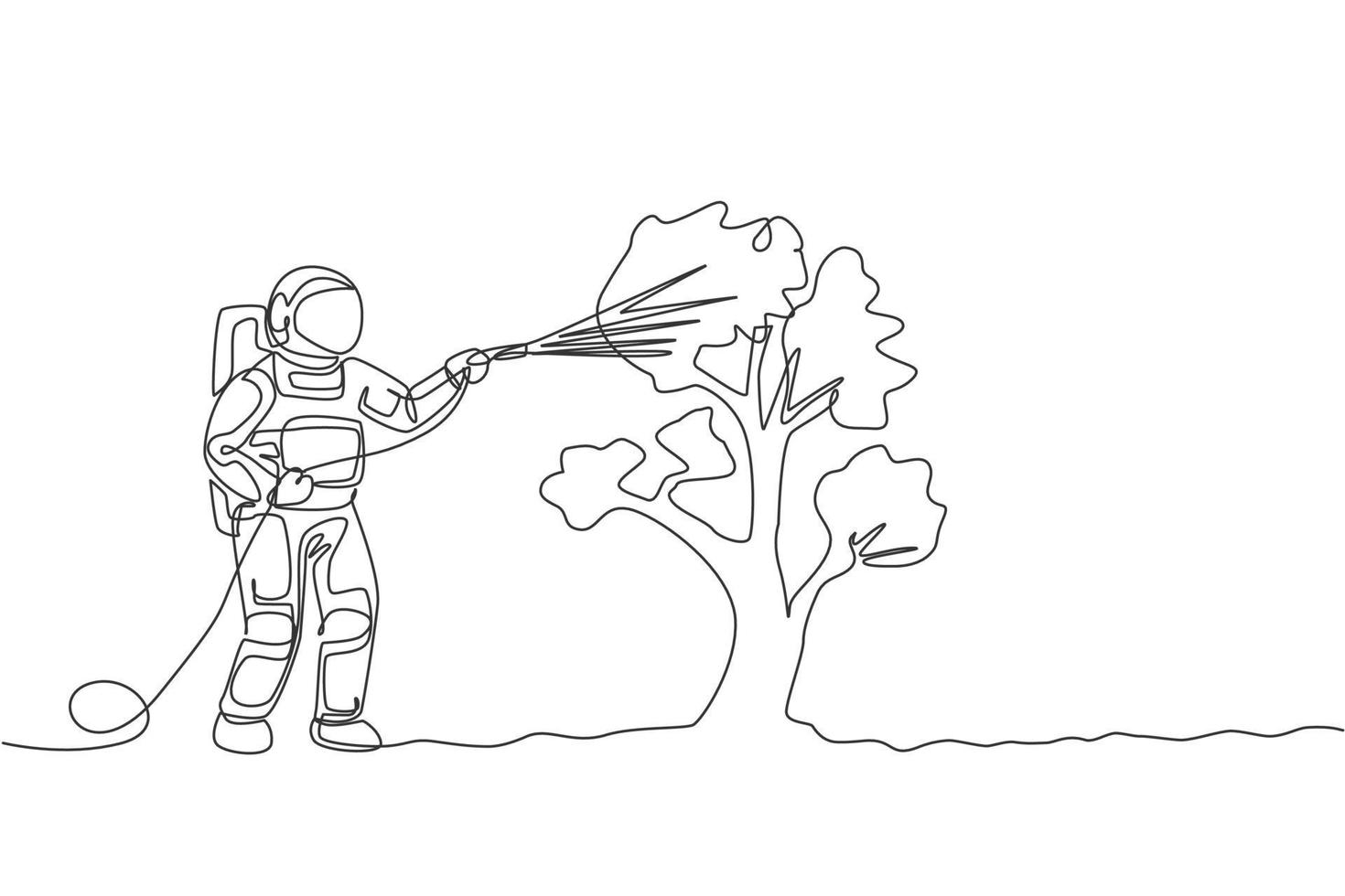 en kontinuerlig linjeteckning av rymdmannen vattnar växtträd med metallplastslang i månens yta. djupt rymd jordbruk astronaut koncept. dynamisk enkel linje rita design vektor grafisk illustration