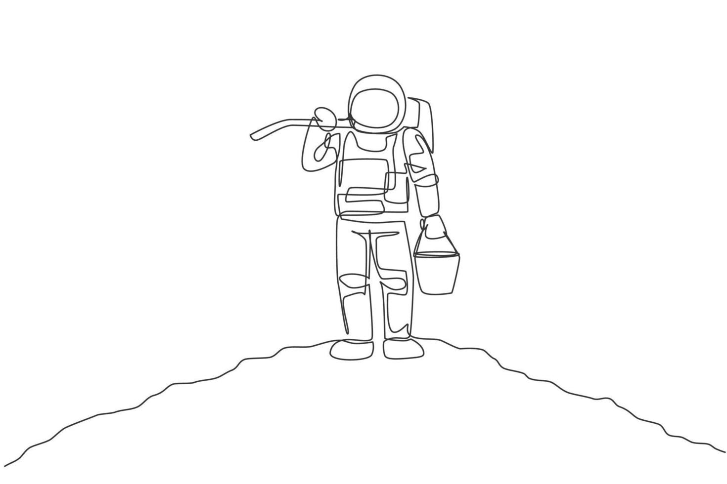einzelne durchgehende Linienzeichnung des Kosmonauten, der Eimer und Hacke auf der Schulter trägt, während er auf der Mondoberfläche steht. Galaxie Astronaut Landwirtschaft Lebenskonzept. trendige einzeilige design-vektorillustration vektor