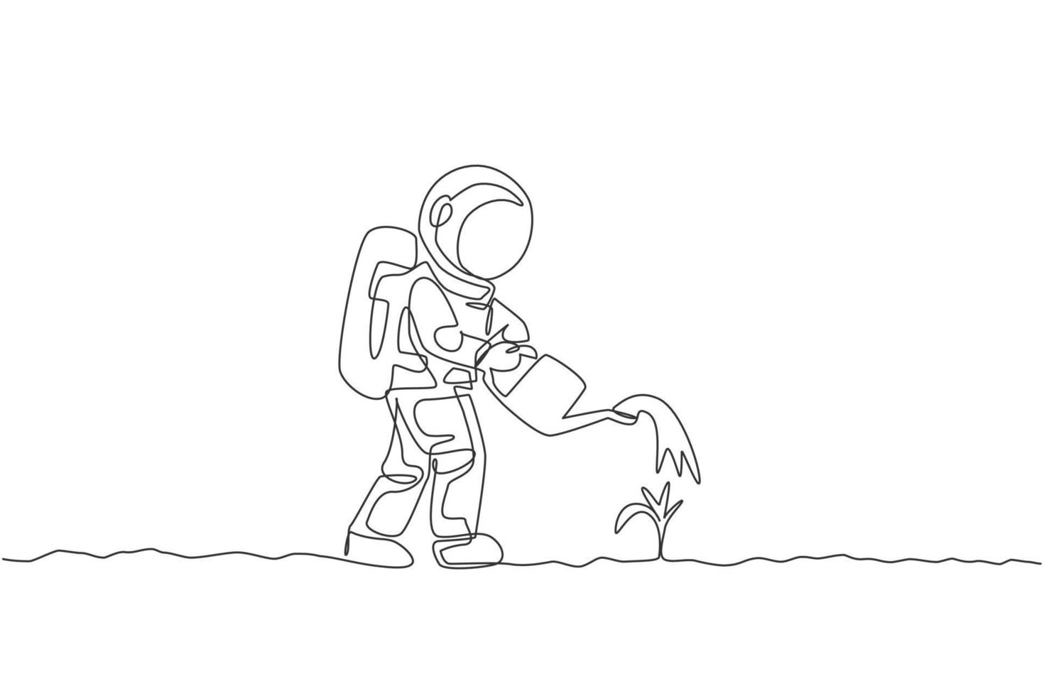 en kontinuerlig linjeteckning av rymdmannen vattnar växtträd med metallkanna i månytan. djupt rymd jordbruk astronaut koncept. dynamisk enkel linje rita grafisk design vektor illustration