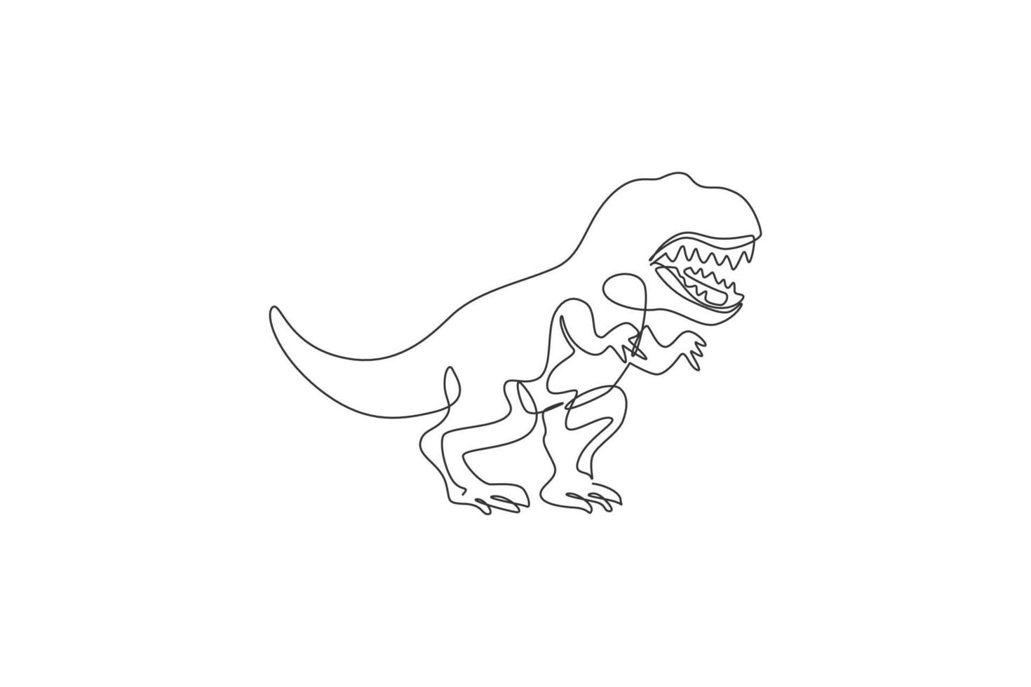 enda kontinuerlig ritning av skrämmande tyrannosaurus rex dinosaurier. förhistoriska museet logotyp koncept. trendig enradig design grafisk vektorillustration vektor