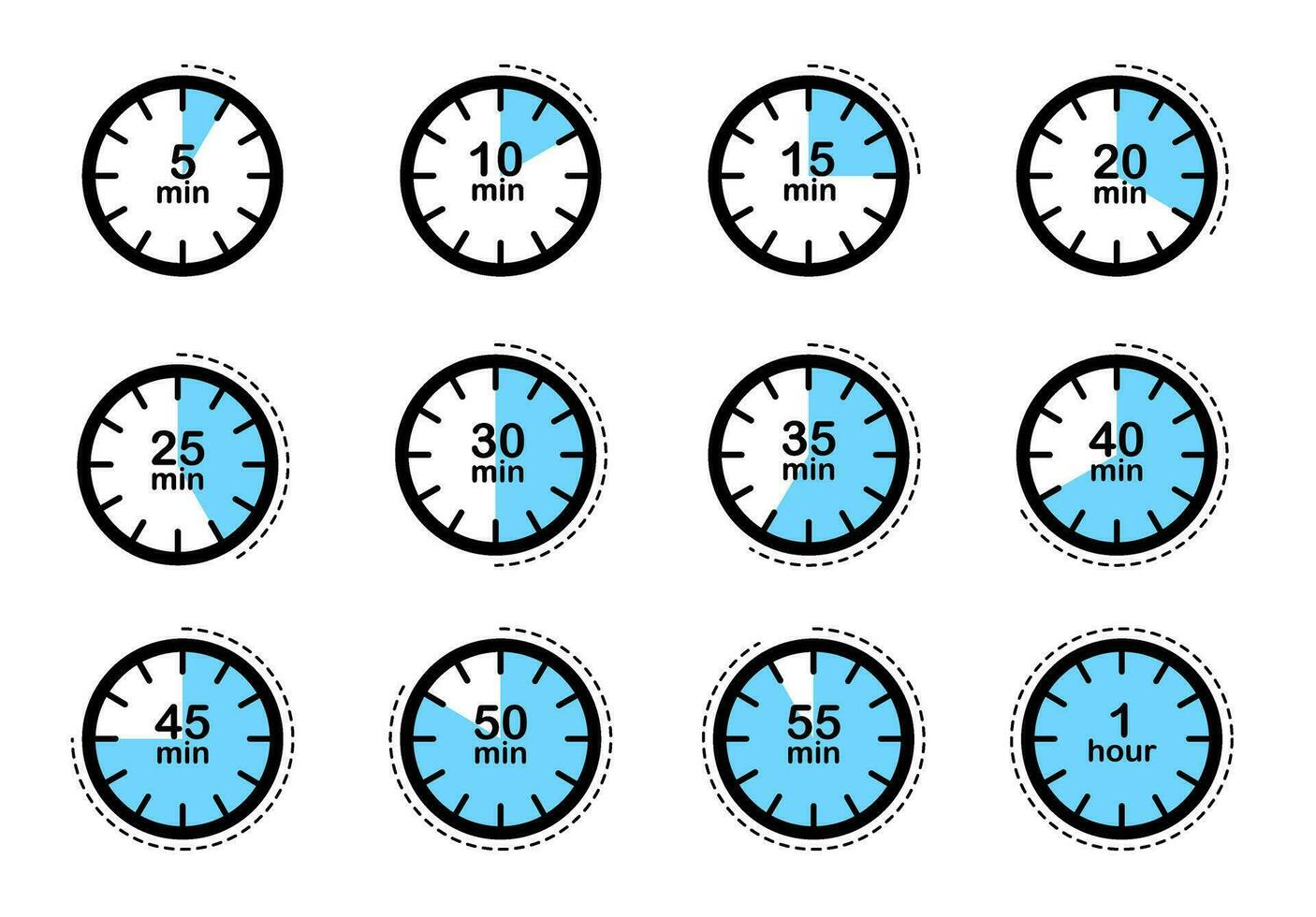 timer, klocka, nedräkning timer ikoner uppsättning. märka matlagning tid. larm klocka vektor symboler.