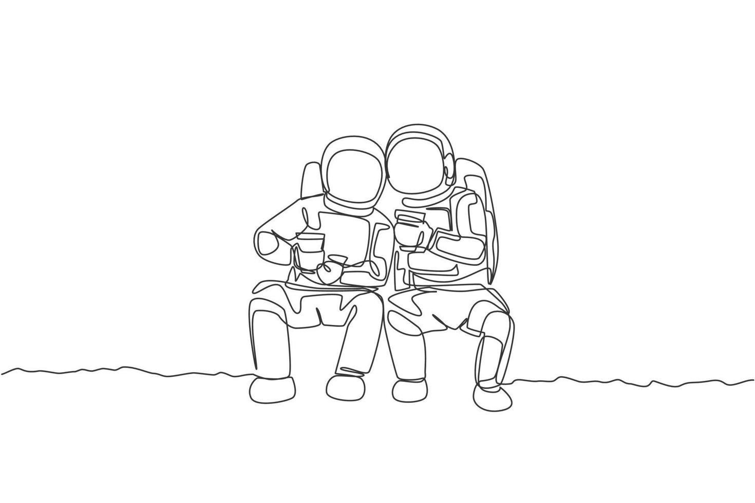 Eine einzige Linie, die zwei junge glückliche Astronauten zeichnet, die sitzen, während sie zusammen Kaffee trinken, in der grafischen Vektorillustration der Mondoberfläche. Kosmonauten Weltraumkonzept. modernes Design mit durchgehender Linienführung vektor