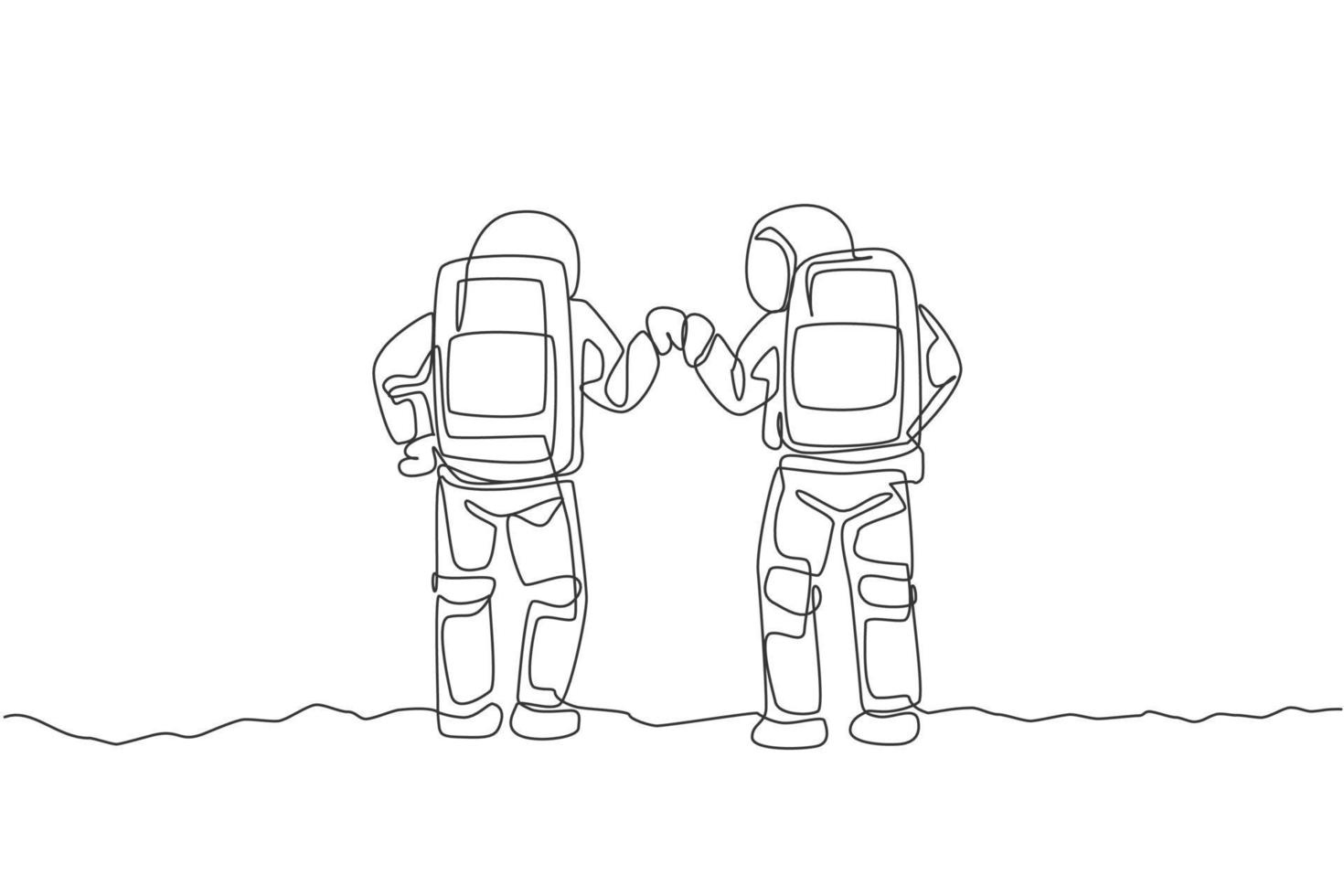 Eine durchgehende Strichzeichnung von zwei jungen glücklichen Astronauten, die eine Fauststoßgeste in der Mondoberfläche geben, Rückansicht. Weltraummann Weltraumkonzept. dynamische einzeilige Zeichnungsdesign-Vektorgrafikillustration vektor