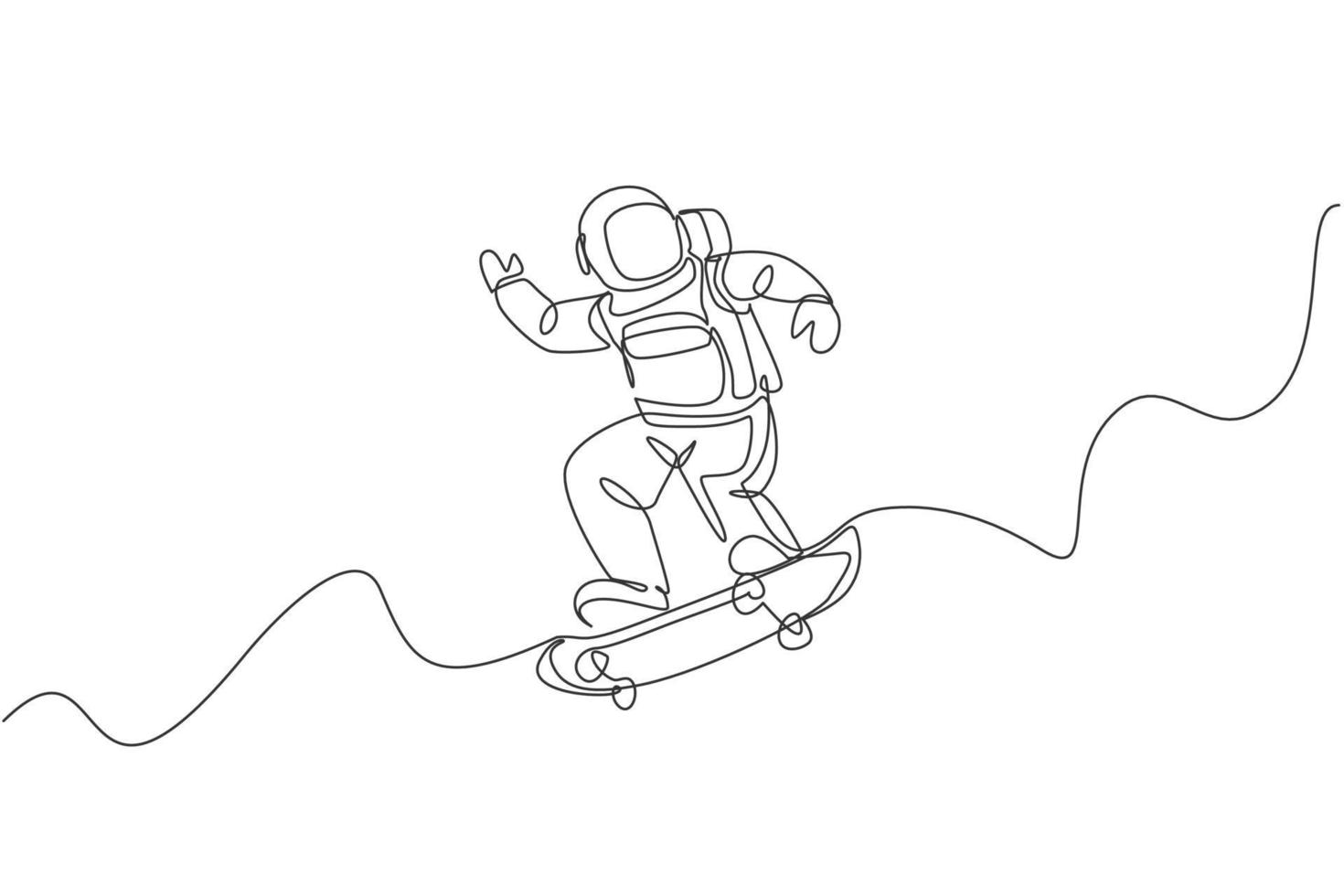 einzelne durchgehende Linienzeichnung von Astronauten, die Skateboard auf der Mondoberfläche fahren, im Weltraum. Weltraumastronomie Galaxie Sportkonzept. trendige eine linie zeichnen design vektorillustrationsgrafik vektor