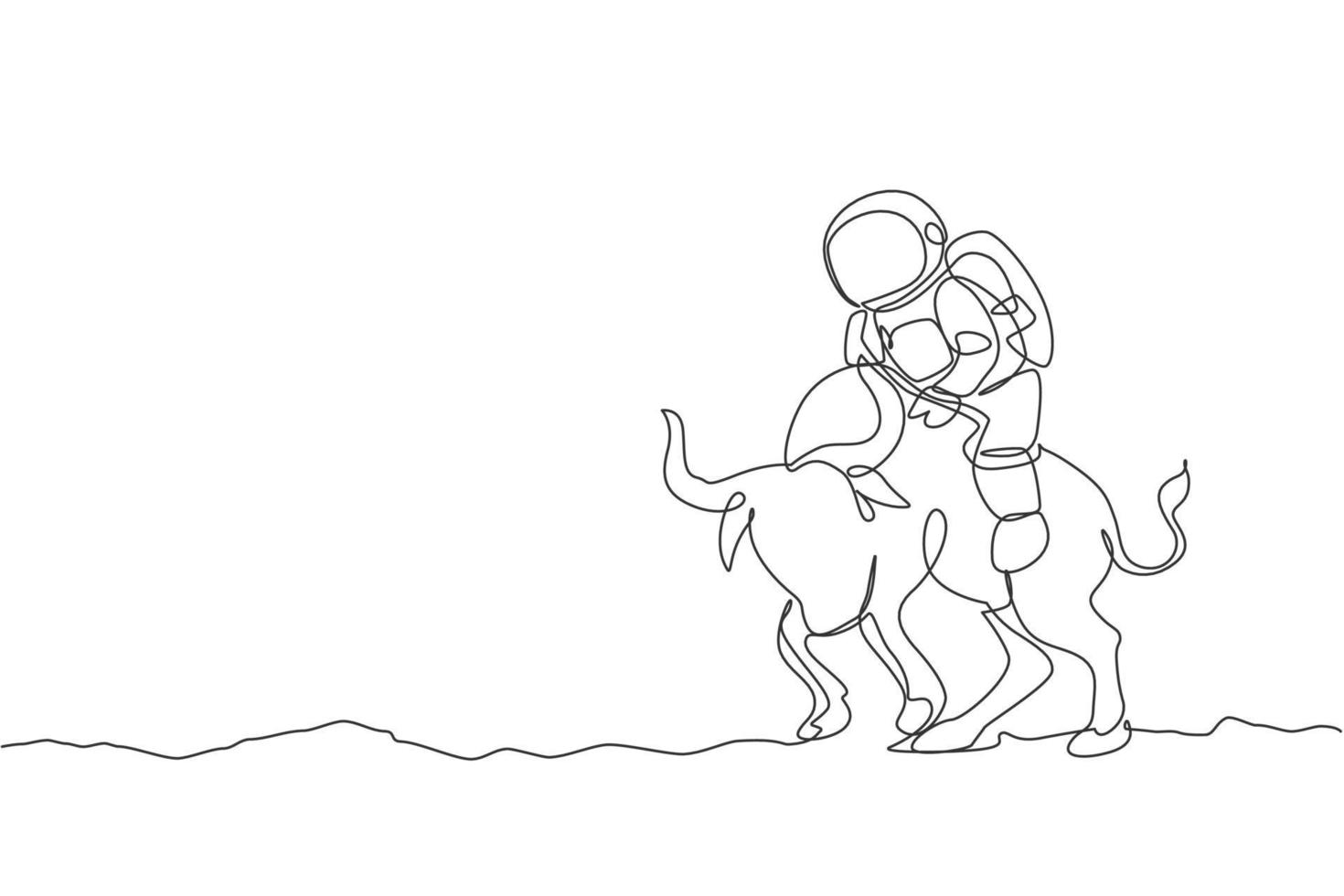en kontinuerlig linjeteckning av rymdmannen tar en promenad på en arg tjur, vilda djur i månytan. djup rymd safari resa koncept. dynamisk enkel linje rita grafisk design vektor illustration