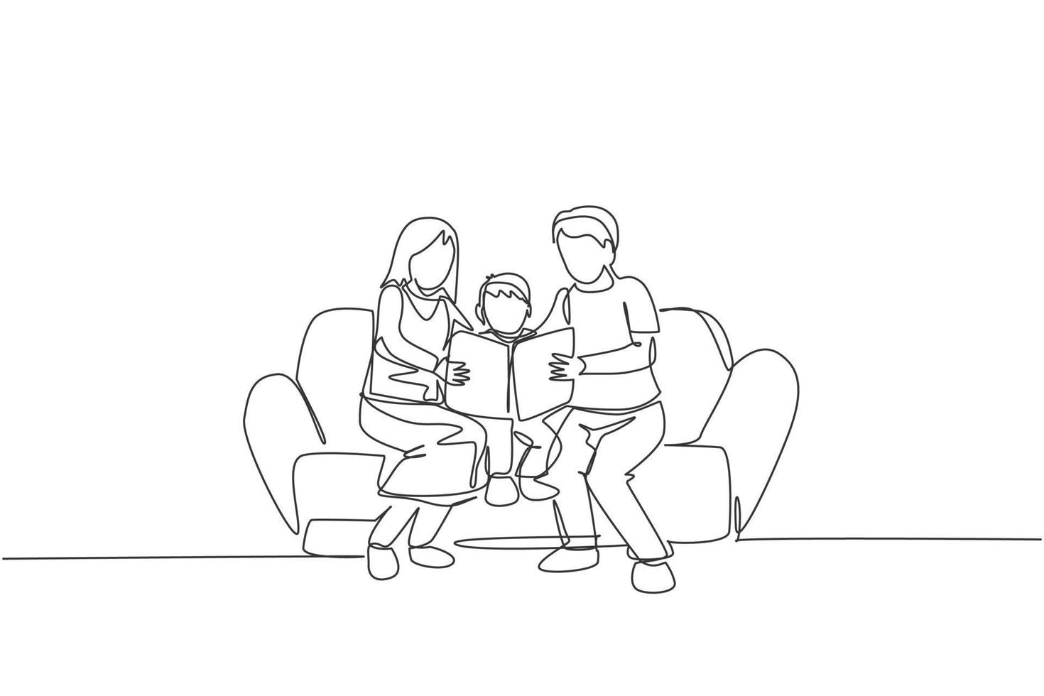 enda kontinuerlig radritning ung mamma och pappa sitter på soffan och läser en berättelse för sin son hemma. lycklig familj föräldraskap koncept. trendig enradig design vektor grafisk illustration