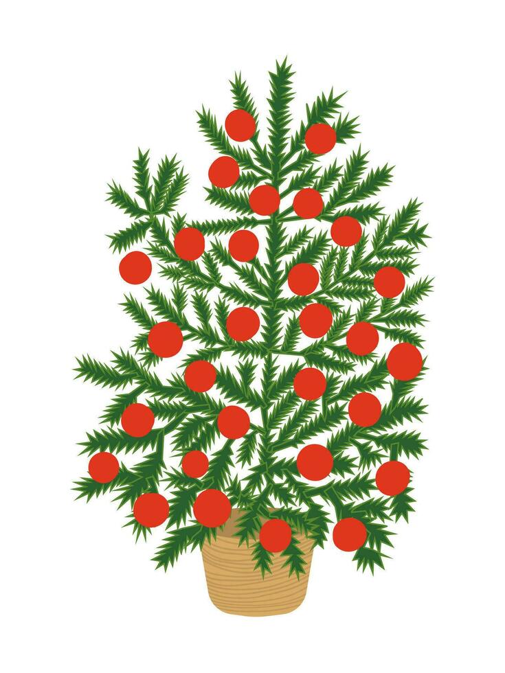 Vektor Weihnachten Baum mit rot Bälle im Korbweide Korb. Weihnachten Baum dekoriert Illustration.