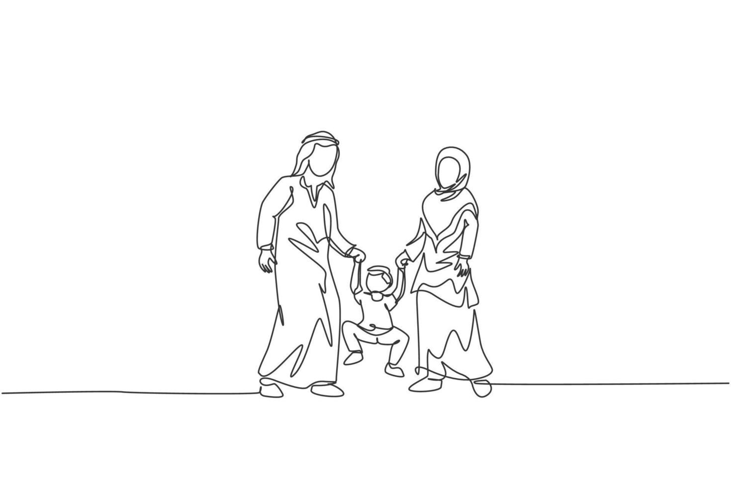 Eine einzige Strichzeichnung der jungen islamischen Mutter und Tochter, die die Hand ihres Sohnes zusammen spielen und heben, Vektorgrafik. glückliches arabisches familienerziehungskonzept. Design mit durchgehender Linienzeichnung vektor