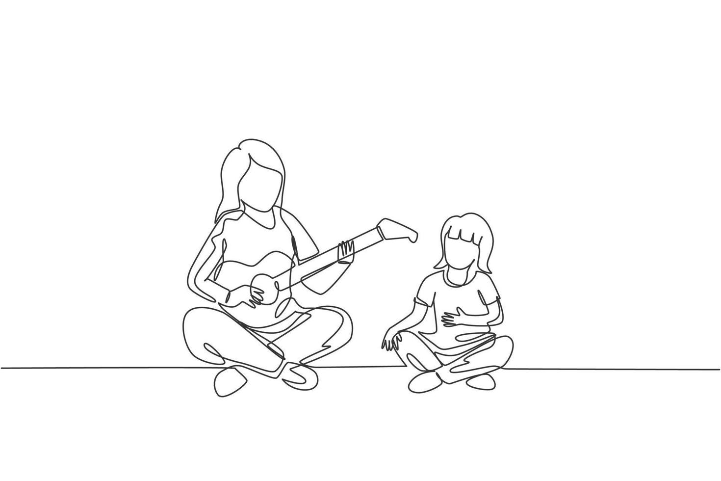 einzelne durchgehende Strichzeichnung der jungen Mutter, die Gitarre spielt und zusammen mit ihrer Tochter zu Hause glücklich singt. glückliches familienelternschaftskonzept. trendige einzeilige design-vektorillustration vektor