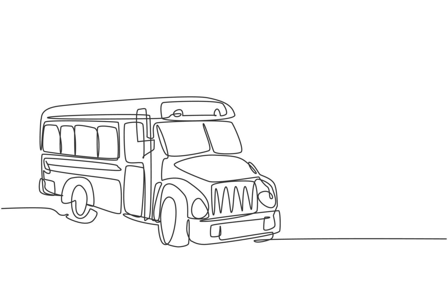 kontinuerlig enradsteckning gammal klassisk skolbusstransport för amerikanska studenter. tillbaka till skolan handritad minimalism koncept. enkel linje rita design för utbildning vektor grafisk illustration