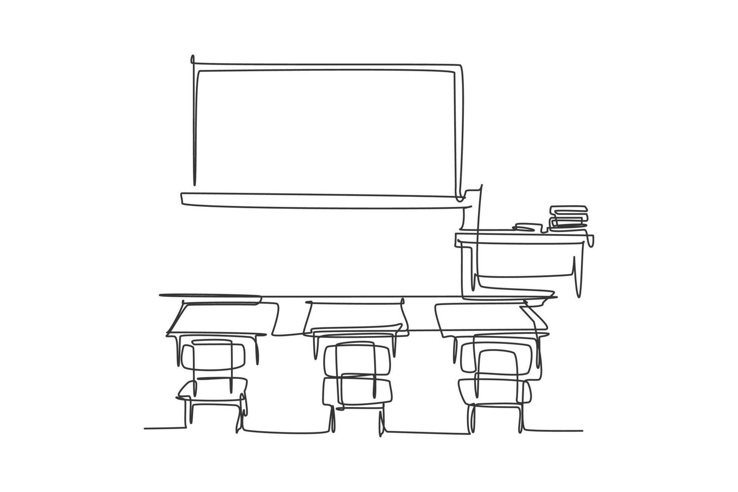 Kontinuierliche einzeilige Innenarchitektur im Schulklassenzimmer mit Whiteboard. zurück zum handgezeichneten minimalismuskonzept der schule. Single-Line-Draw-Design für die Bildung Vektorgrafik-Illustration vektor