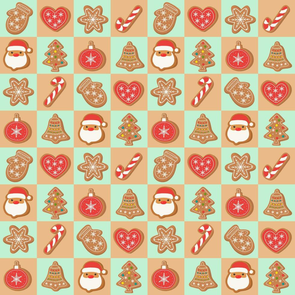 Zeichnung von Ingwer Kekse.Weihnachten Plätzchen drucken.Weihnachten nahtlos Muster.traditionell Kekse.Weihnachten Bäume, Lutscher, Santa claus und herzen.für Hintergrund, Stoff, Verpackung. Vektor Illustration