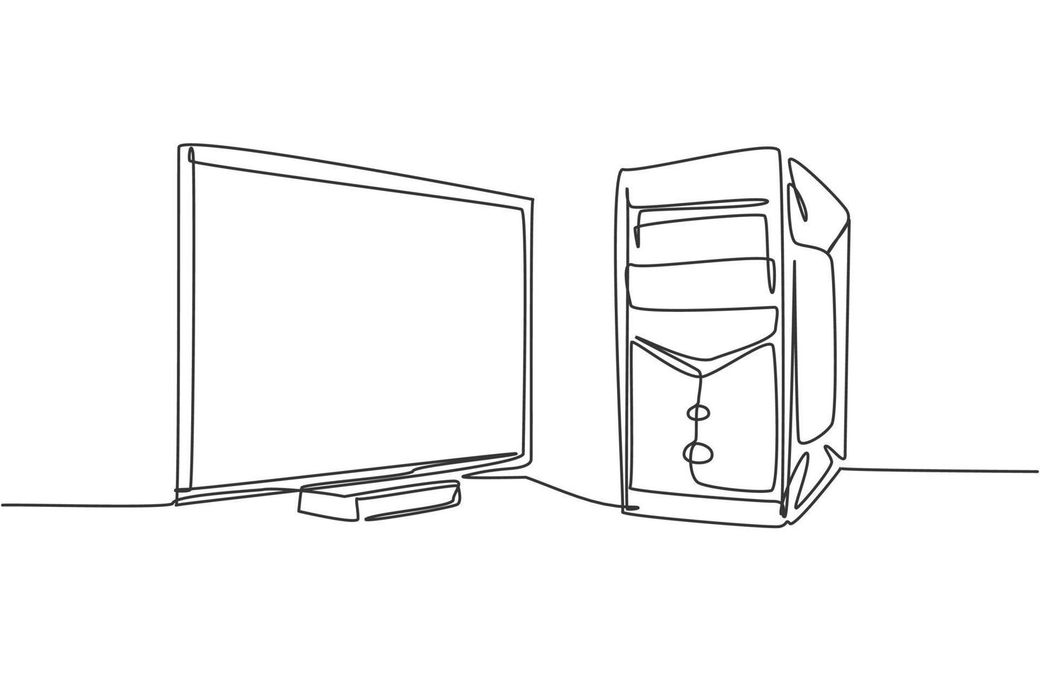 enda kontinuerlig ritning av cpu -dator och skärmskärm för att stödja företag. elektronisk utrustning koncept för småföretag. modern en linje rita design grafisk vektor illustration