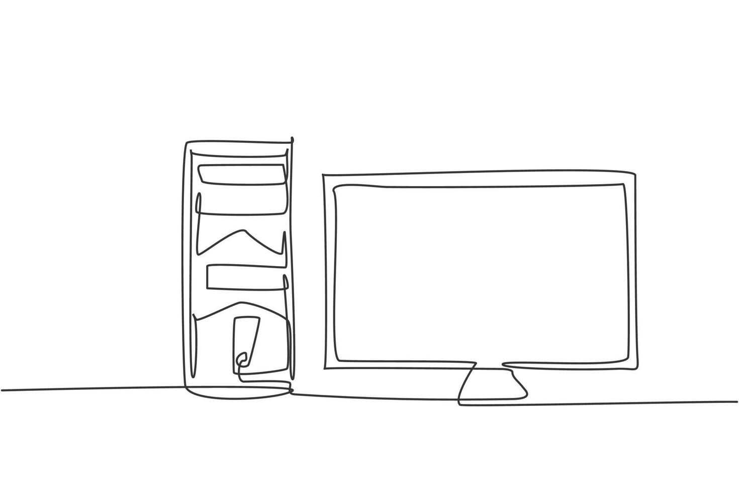 enkel kontinuert ritning av cpu -dator och skärmmonitor. elektroniska affärsföretag verktyg koncept. modern en linje rita design grafisk vektor illustration