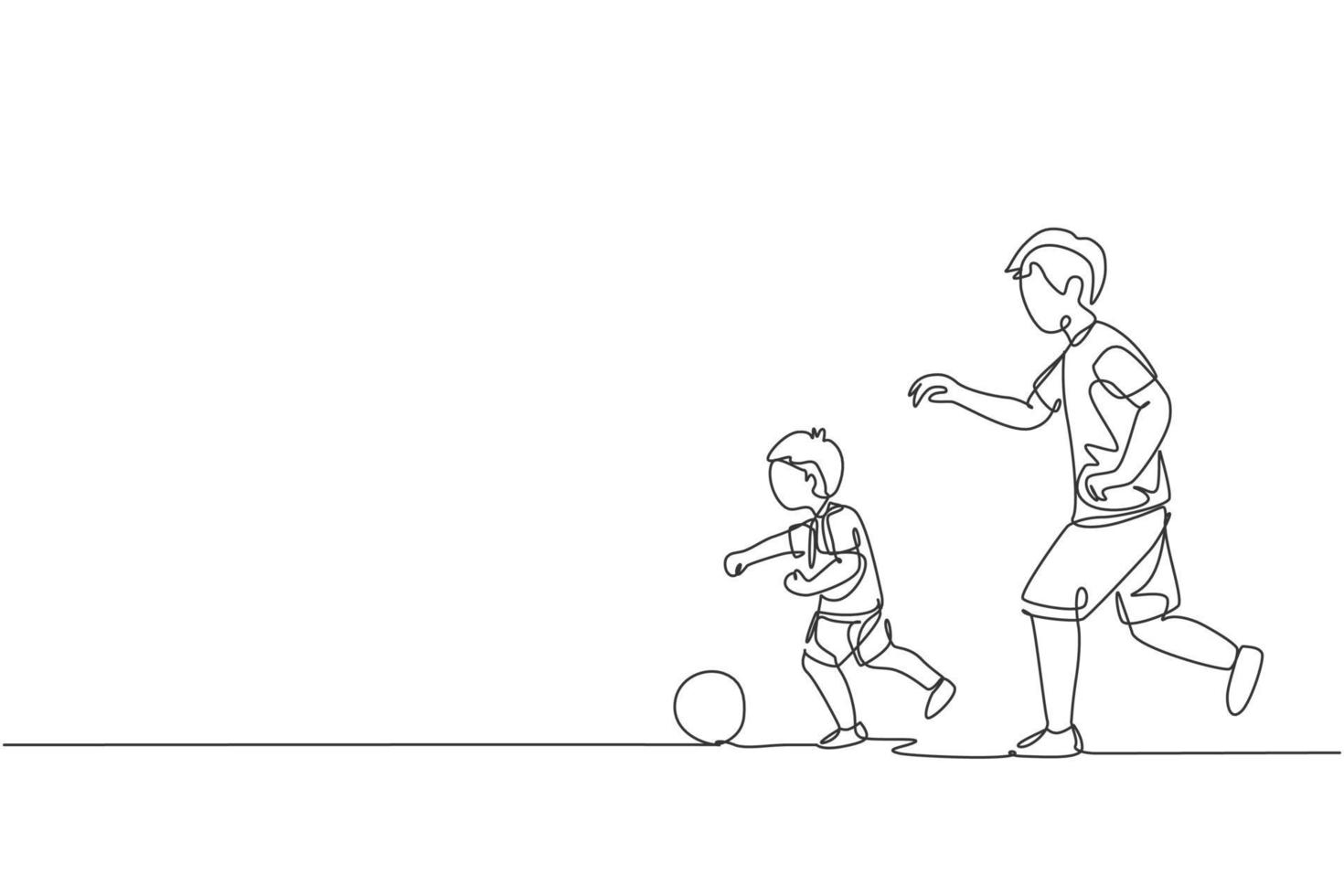 Eine einzige Linie, die den jungen Vater mit seinem Sohn im öffentlichen Feldpark-Vektorgrafikillustration läuft und Fußball spielt. glückliches familienerziehungskonzept. modernes Design mit durchgehender Linienführung vektor