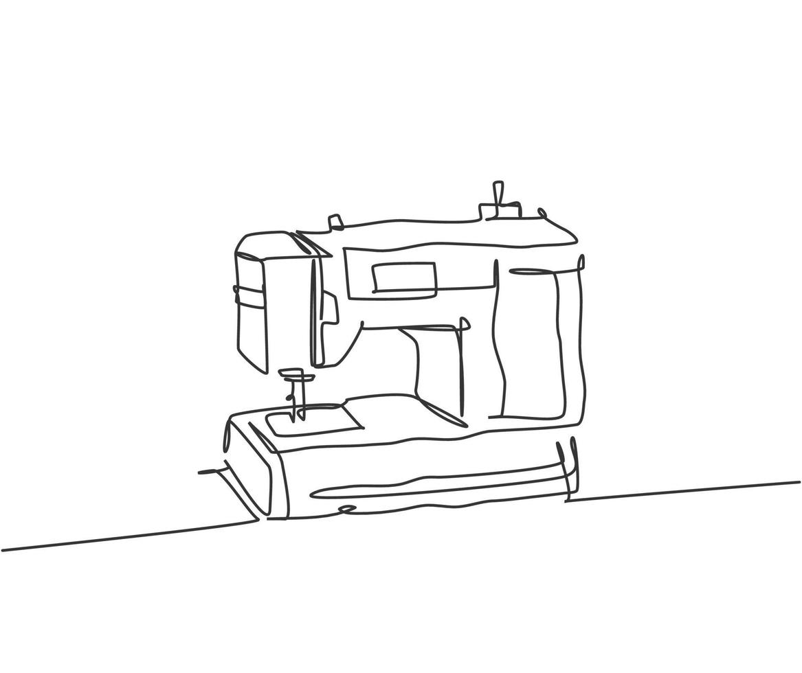 eine durchgehende Strichzeichnung des elektrischen Haushaltsgeräts der Nähmaschine. Strom Schneider Ausrüstung Haushaltsgerät Vorlagenkonzept. trendige Single-Line-Draw-Design-Vektorgrafik-Illustration vektor