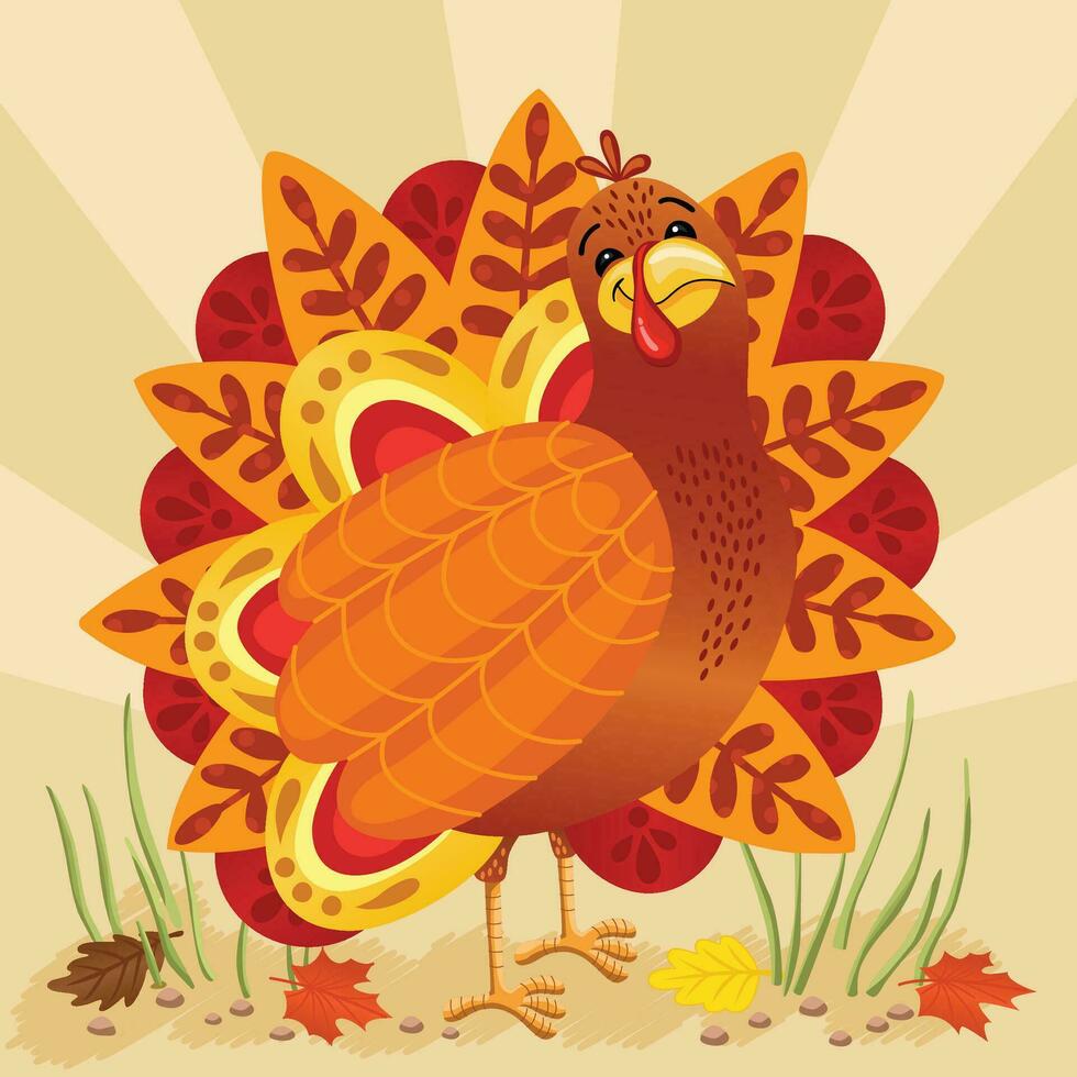 glücklich das Erntedankfest Karte mit Karikatur Truthahn Symbol mit dekorativ Herbst Blätter. bunt Design. Vektor Illustration