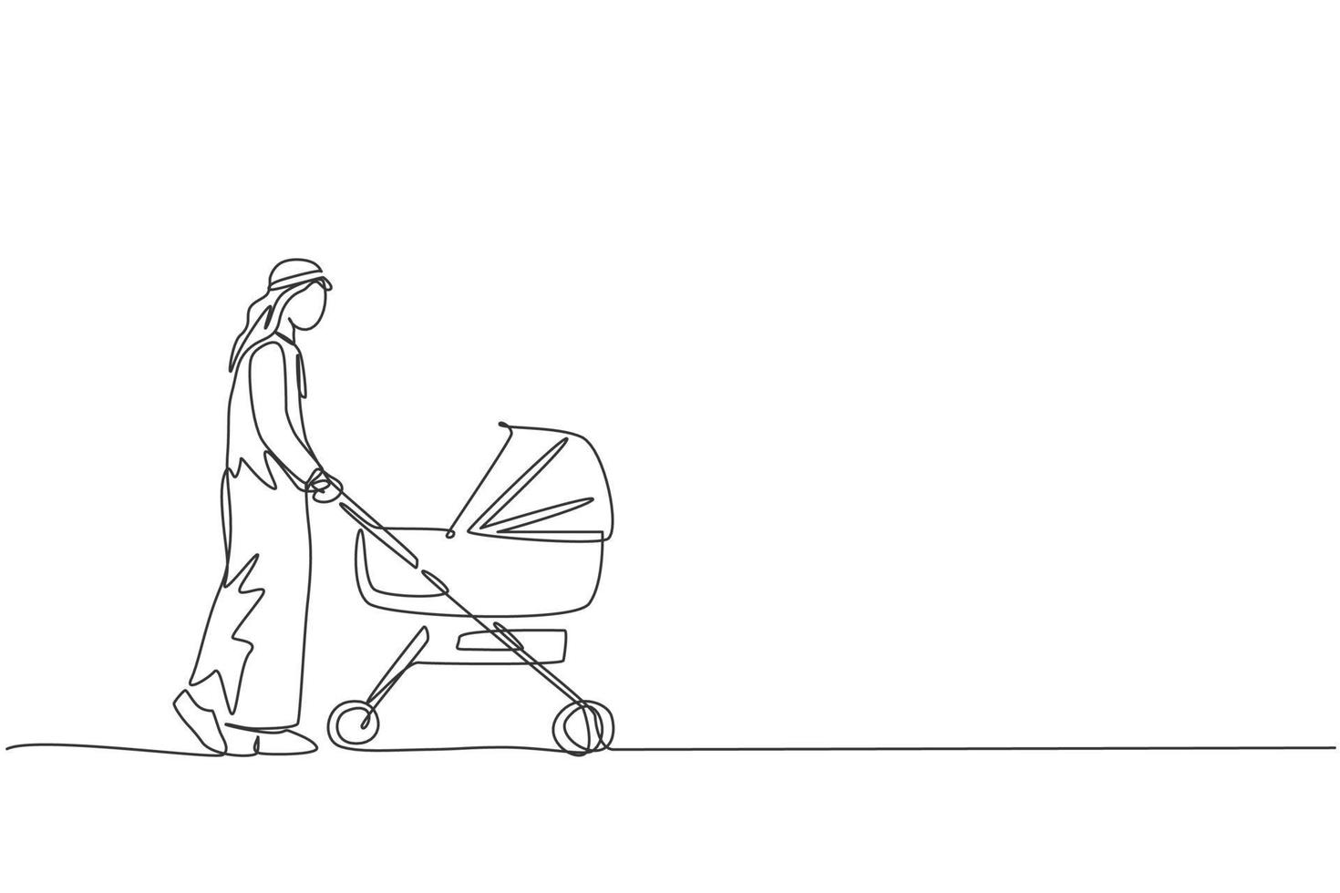 en kontinuerlig linjeteckning av ung arabisk pappa som går och skjuter barnvagn på köpcentret. islamiska muslimska lyckliga familj föräldraskap koncept. dynamisk enkel linje rita design vektor illustration