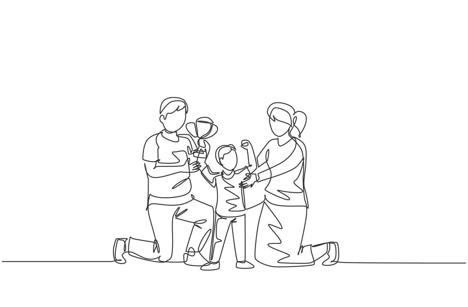 Eine durchgehende Strichzeichnung des kleinen Jungen feiert den Trophäensieg mit seiner Mutter und seinem Vater nach dem Gewinnwettbewerb. glückliches familienerziehungskonzept. dynamische einzeilige Zeichnungsdesign-Vektorillustration vektor