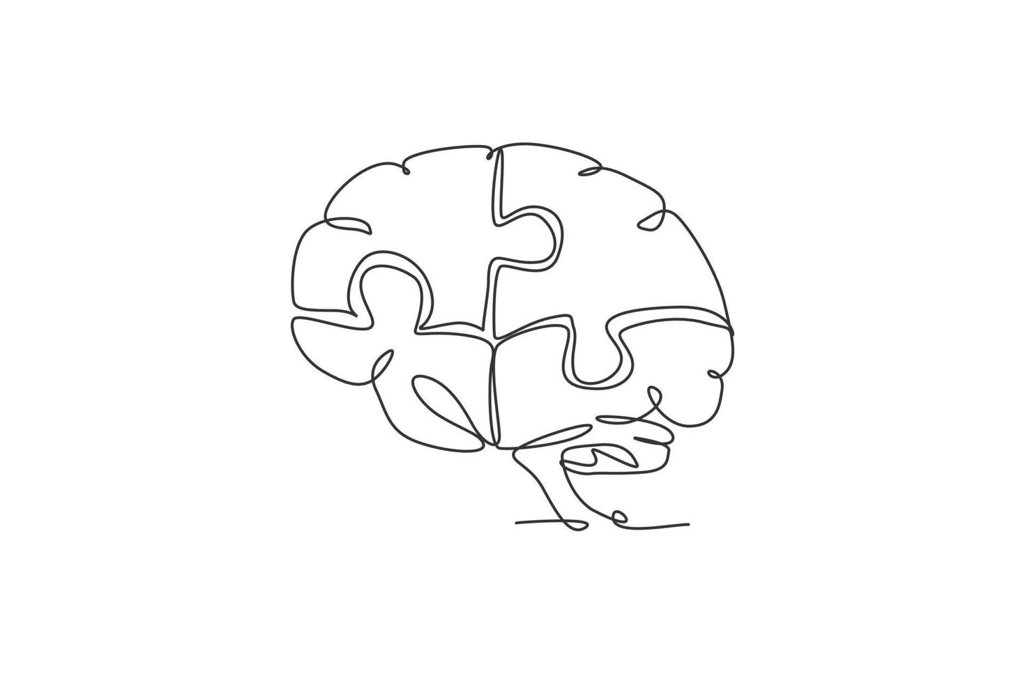 Eine einzige Strichzeichnung des menschlichen Gehirns, die aus Puzzleteilen besteht, Logo-Identität. Psychologisches Büro, um das Konzept des Persönlichkeitssymbols zu finden. durchgehende Linie zeichnen Design-Vektor-Illustration vektor