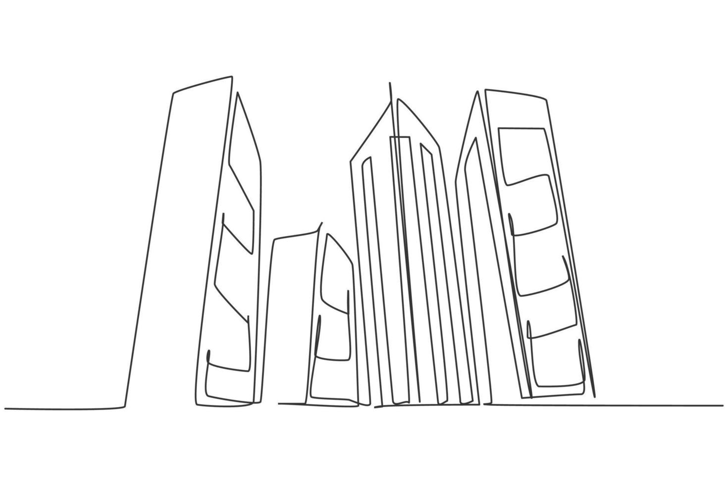 kontinuerlig enradsteckning av höga skyskraporbyggnader i storstad. affärskontor byggnad distrikt handritad minimalistiska koncept. modern enkel linje rita design vektor grafisk illustration