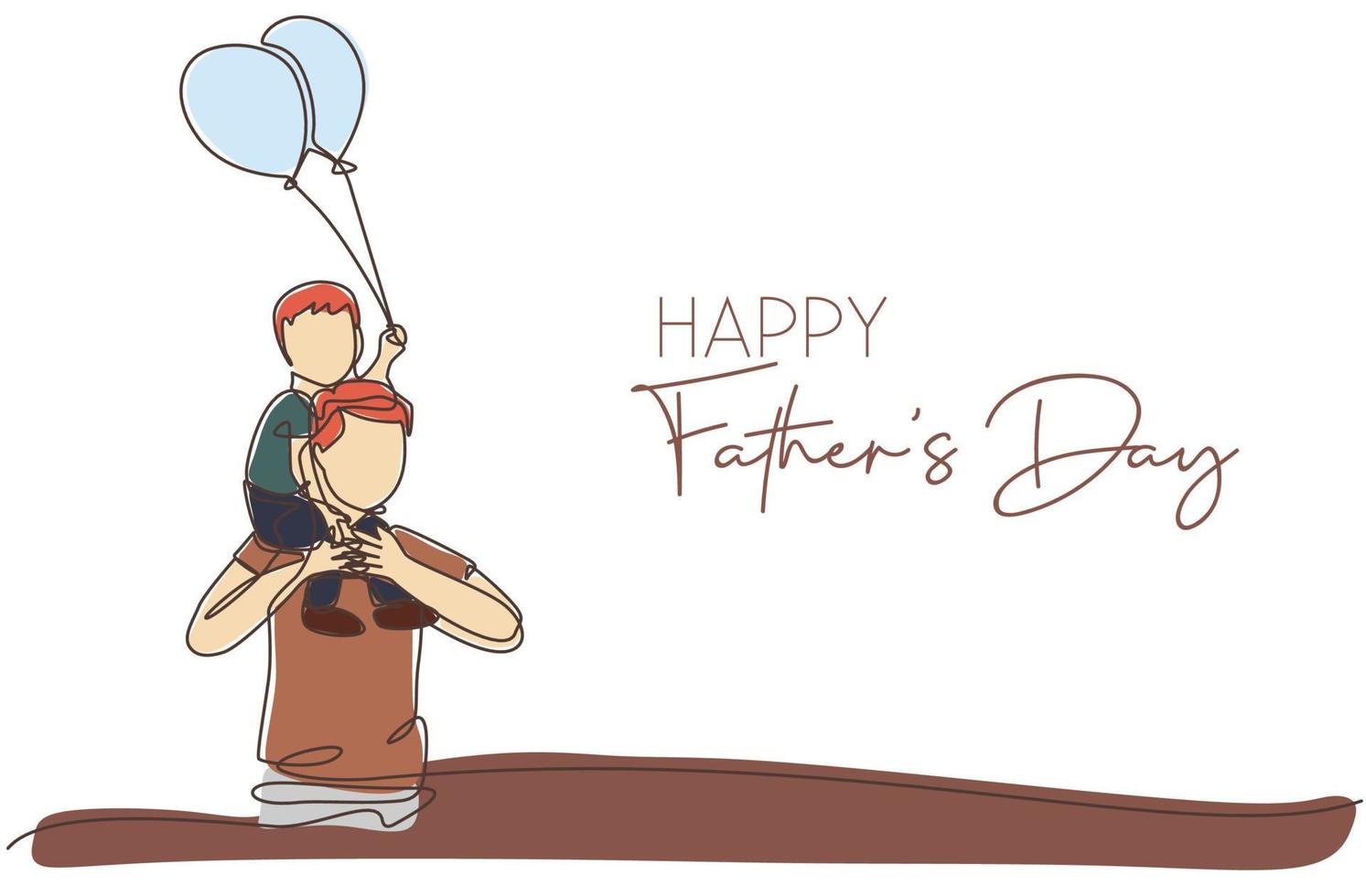 Eine einzige Strichzeichnung des jungen Vaters, der seinen Sohn auf der Schulter trägt, während er eine Ballonvektorillustration hält. glückliches vatertagskonzept. Grußkarte mit Typografie. Design mit durchgehender Linienzeichnung vektor