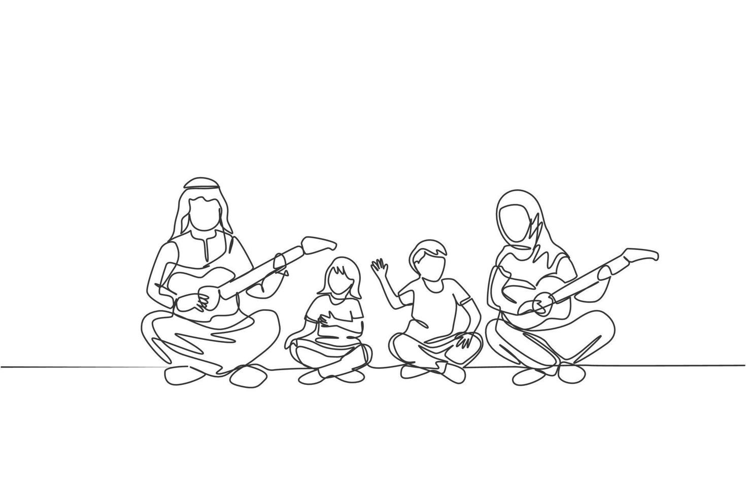 enda kontinuerlig linje ritning av unga arabiska par som spelar gutiae och sjunger tillsammans med barn. islamiska muslimska lyckliga familj föräldraskap koncept. trendig en linje rita design vektor illustration