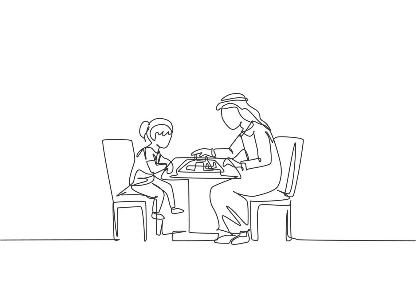 en kontinuerlig linje ritning av ung arabisk pappa och dotter tänkande strategi medan du spelar schack. lyckligt islamiskt muslimskt föräldraskap familjekoncept. dynamisk enkel linje rita design vektor illustration