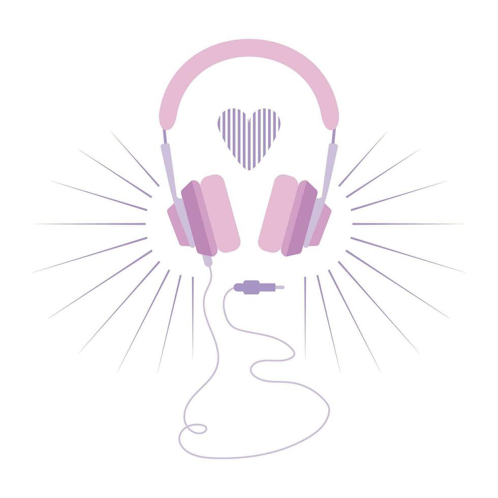 hörlurar i platt stil. vektor bild av musikalisk hörlurar med en hjärta och ljud effekt, teckning i lila toner. begrepp av kärlek för musik och audio enheter. vektor