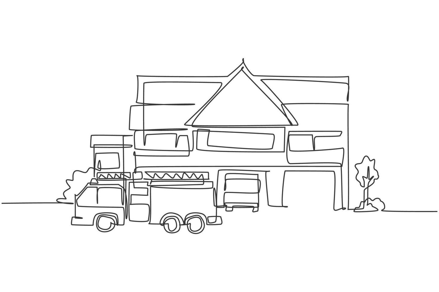 kontinuerlig enradsteckning av brandstationens byggnad med brandbil. bascamp för brandman handritad minimalistisk koncept. modern enkel linje rita design vektor grafisk illustration